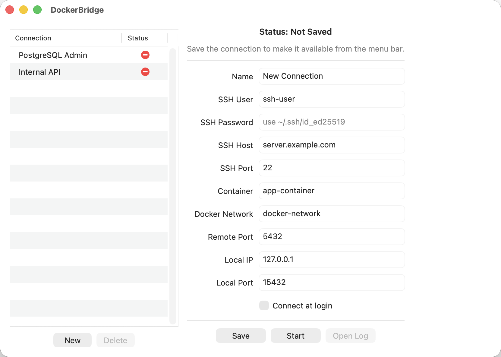 DockerBridge new connection form