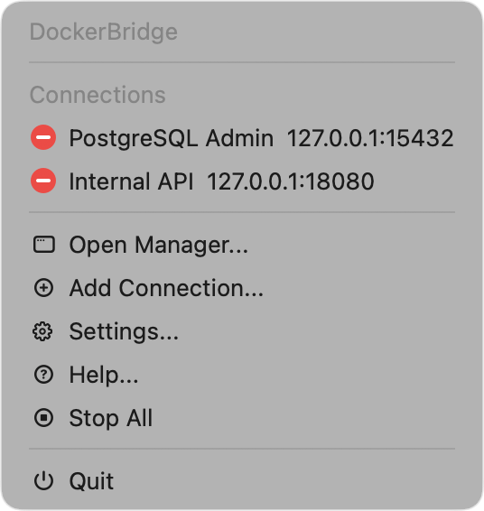 DockerBridge menu bar menu