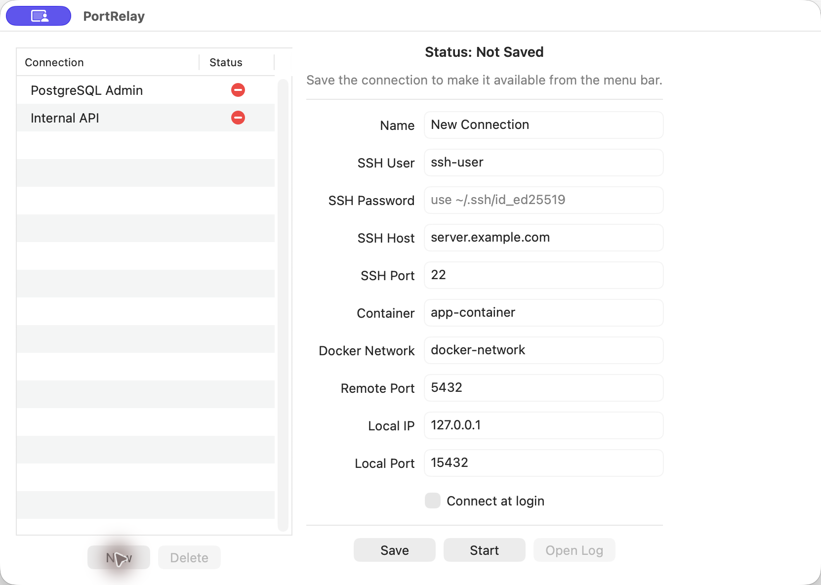 PortRelay new connection form